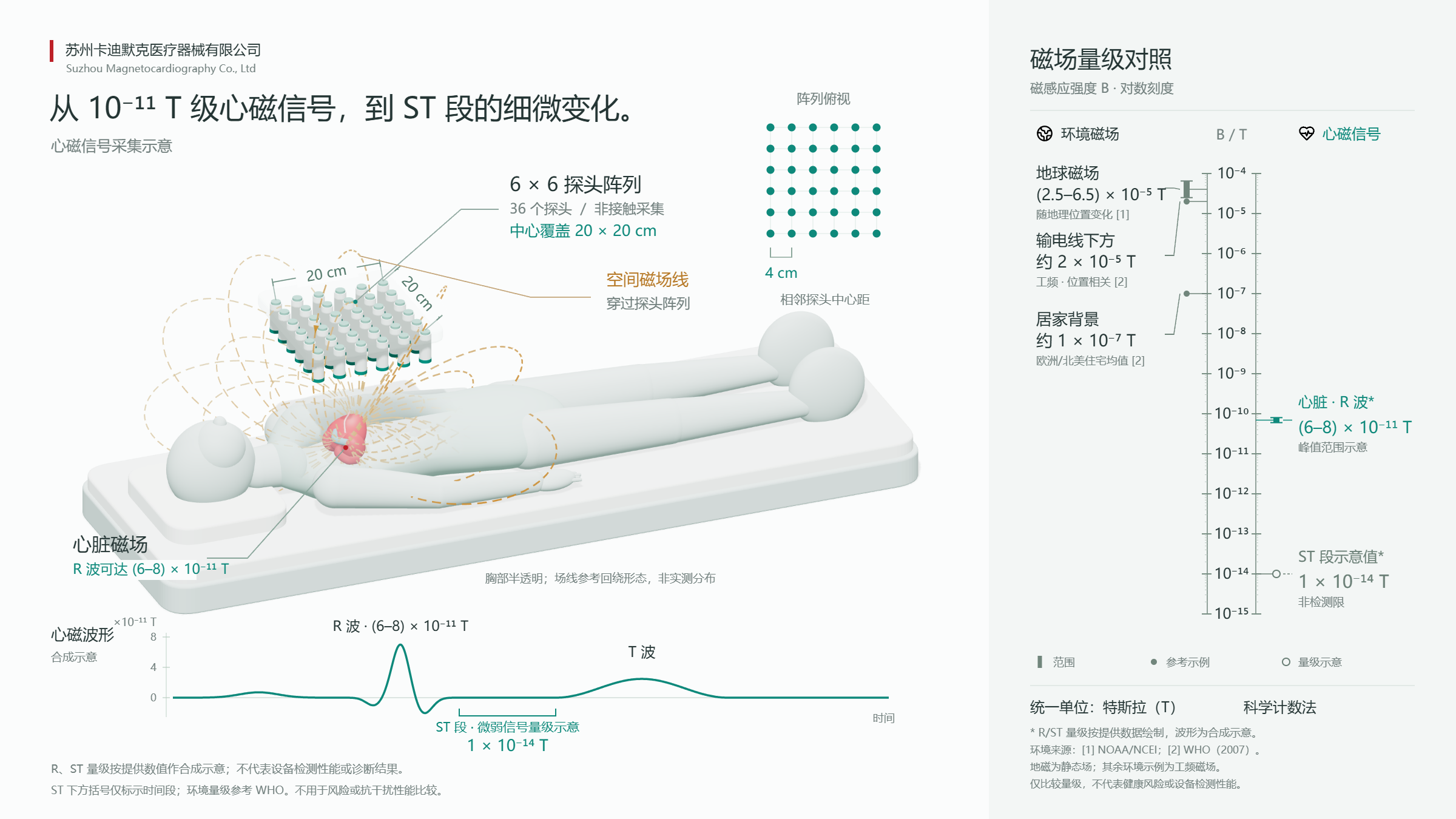 胸前探头阵列与非接触采集位置局部,保留原图尺寸及空间场线标注